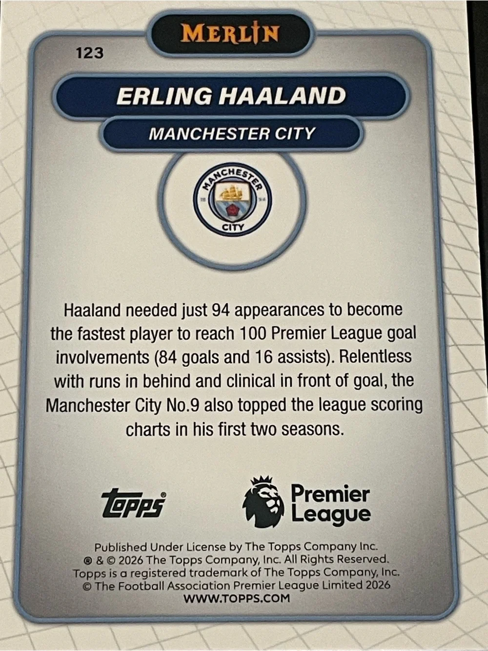 2026 Merlin Premier League Erling Haaland Manchester City #123 Base Card